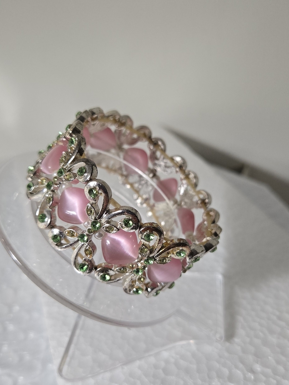 Vintage Pink and Green Floral Bracelet With Green Rhinestones